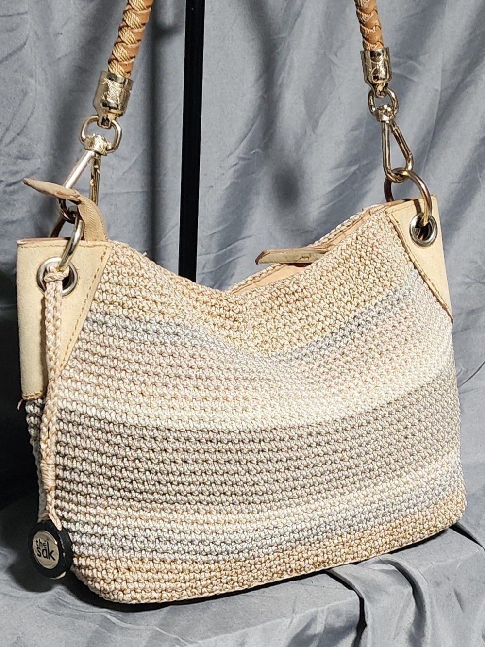 The Sak Indio Crochet Beige Neutral Toned Shoulderbag Purse W/ Braided Strap